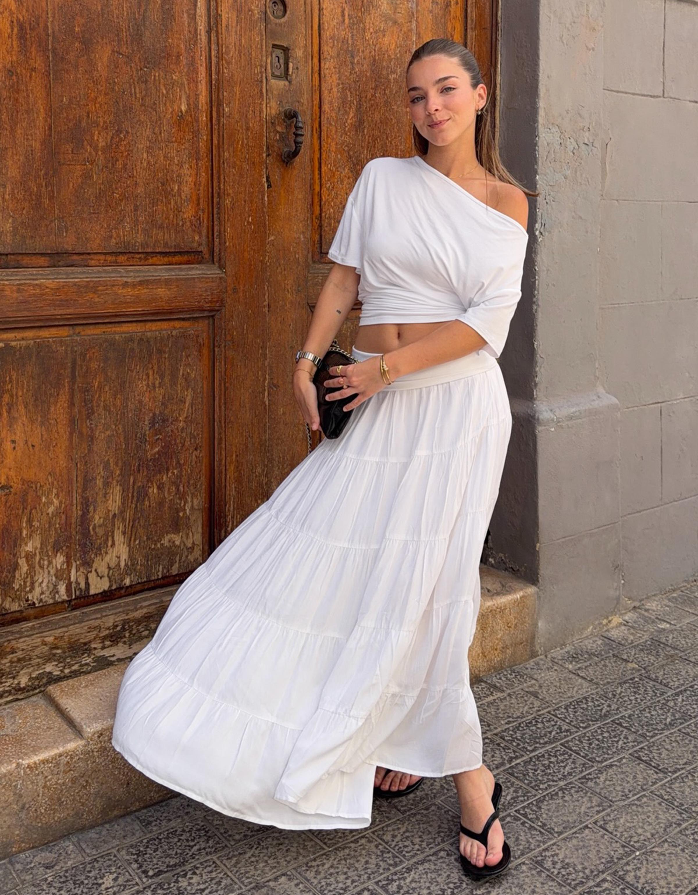 Bershka Falda Midi Cintura Vuelta Mujer M Blanco