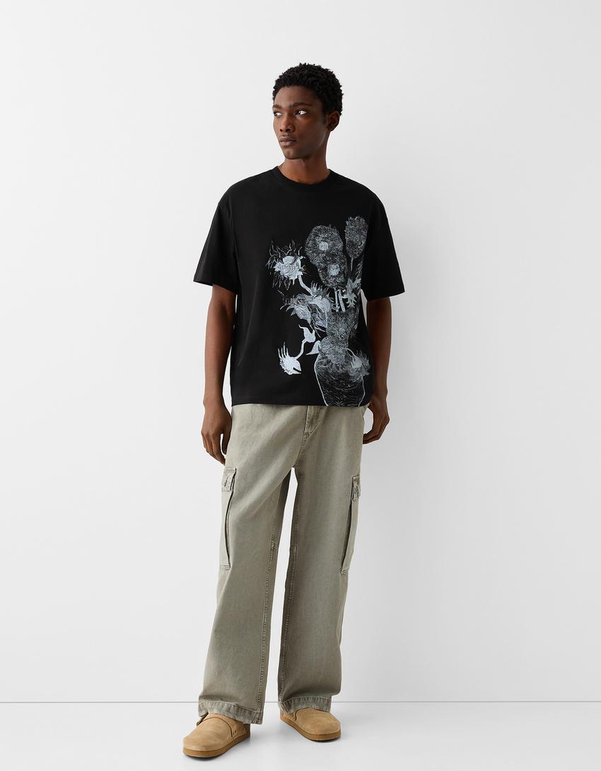 تيشرت بطبعة فينسنت فان جوخ وقصّة مربعة وأكمام قصيرة-أسود-3