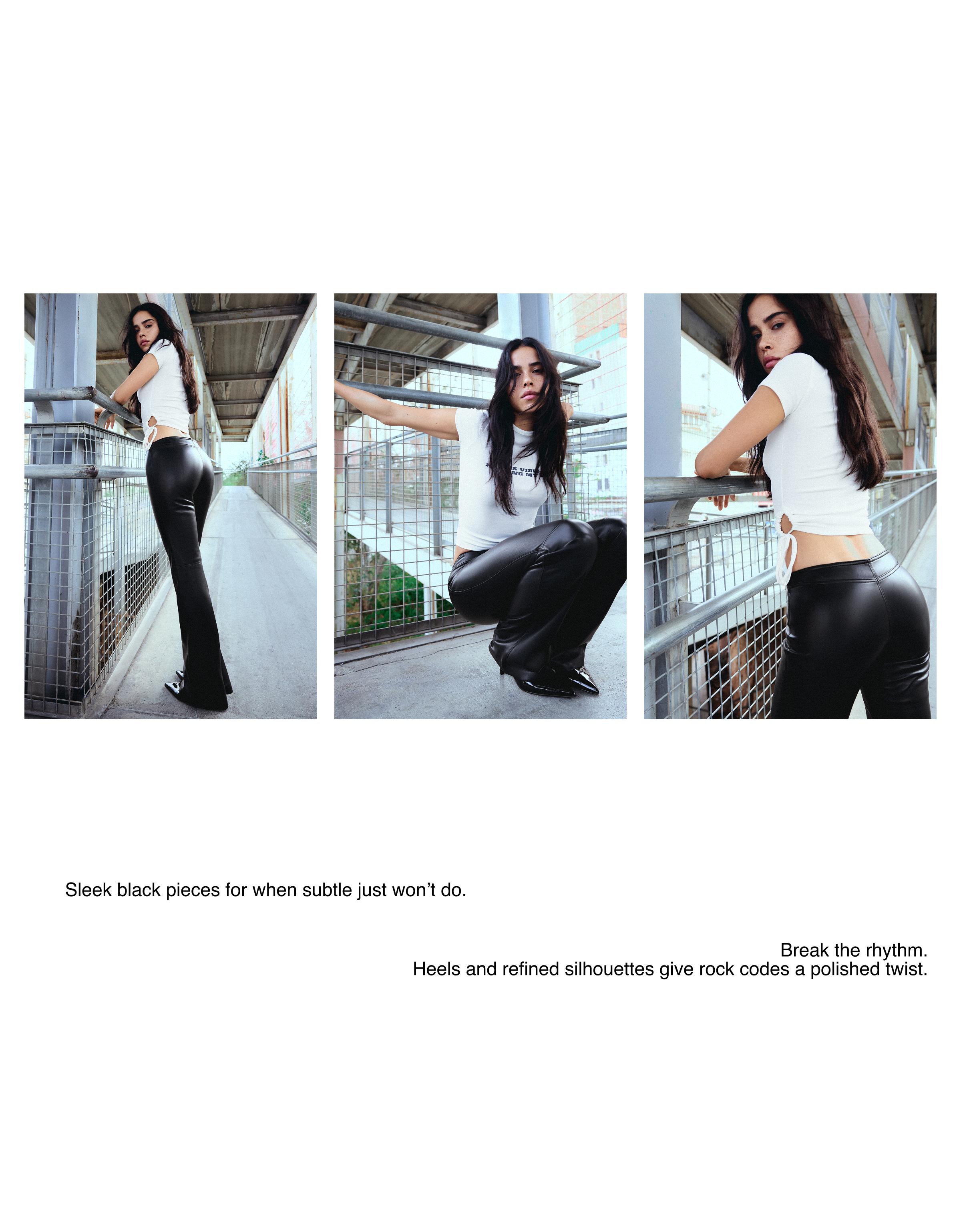 Bershka Düz bel suni deri slim fit pantolon görsel 8