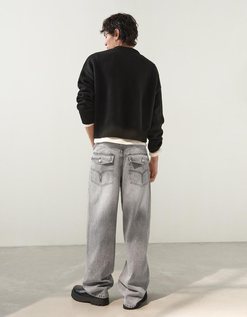 Jeans super baggy bordado-Gris