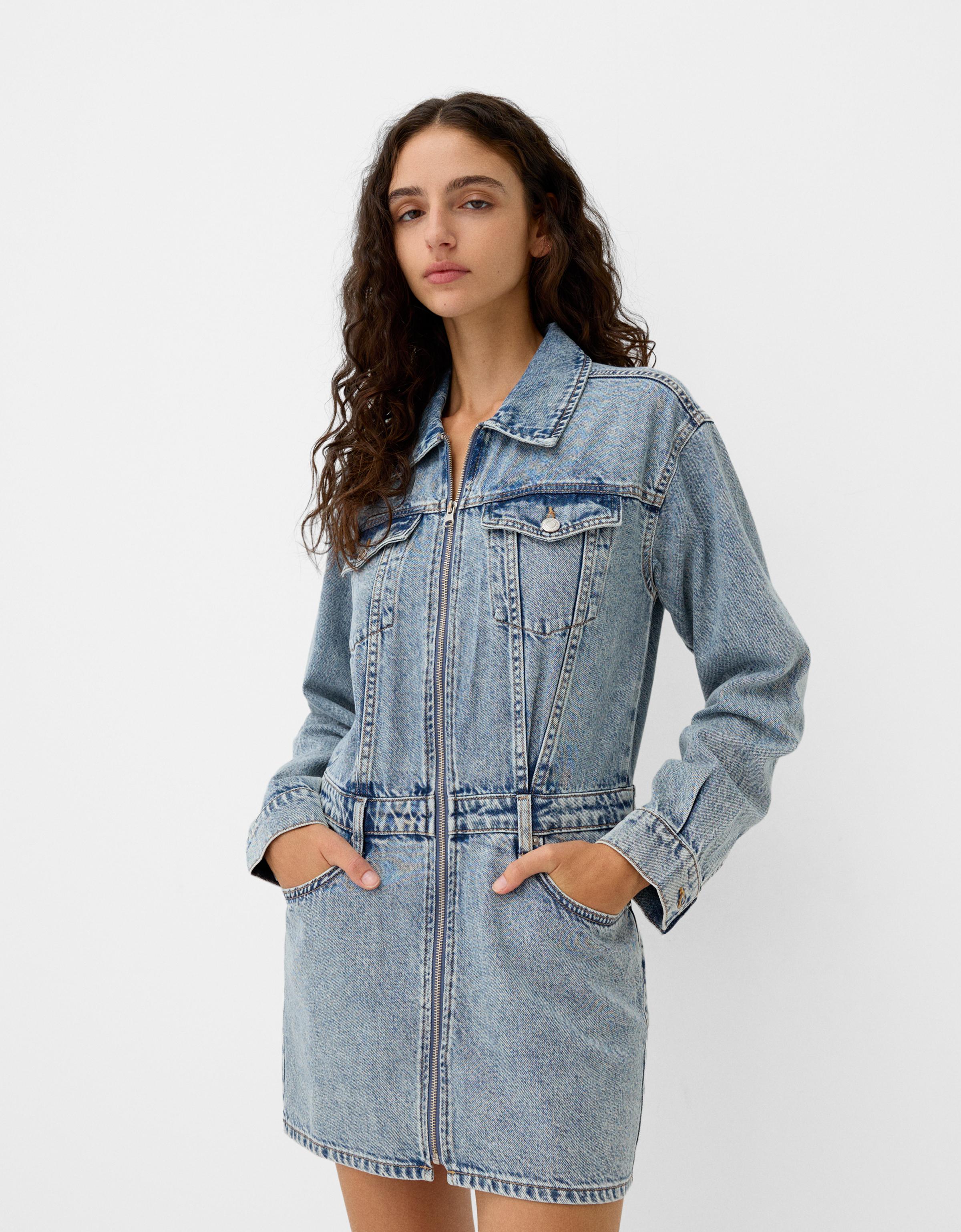 Bershka Minikleid Aus Denim Mit Reißverschluss Damen S Ausgewaschenes Blau