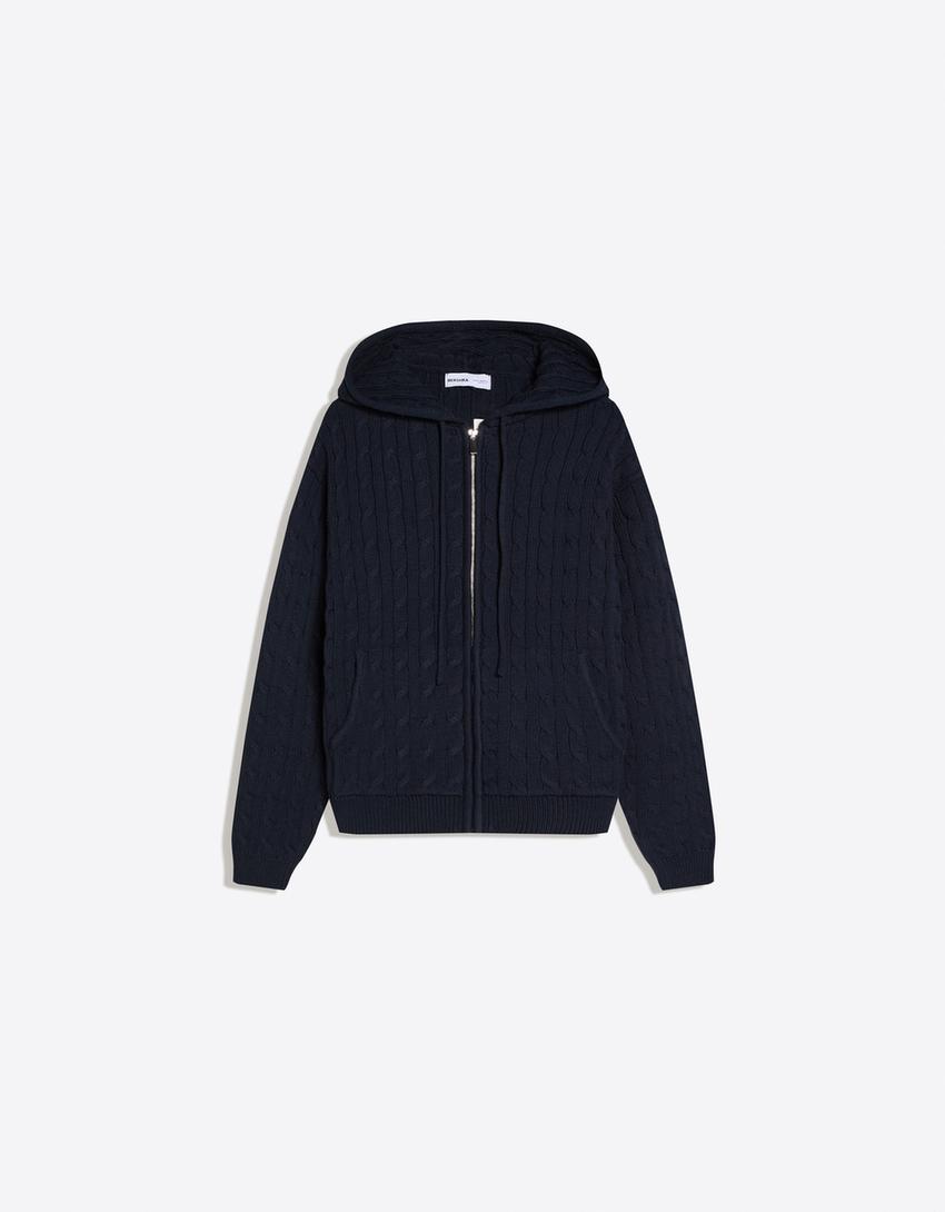 Cable knit zip-up cardigan-Navy