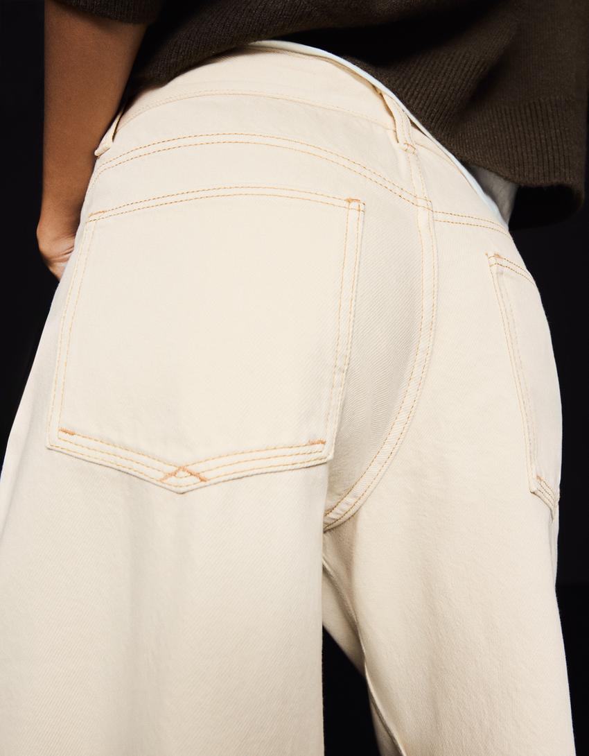 Boyfriend düşük bel jean-Krem