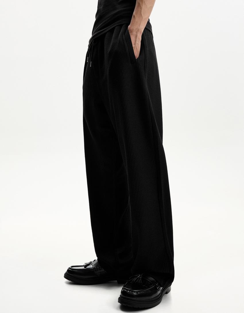 Pantaloni a gamba larga con texture-Nero-2