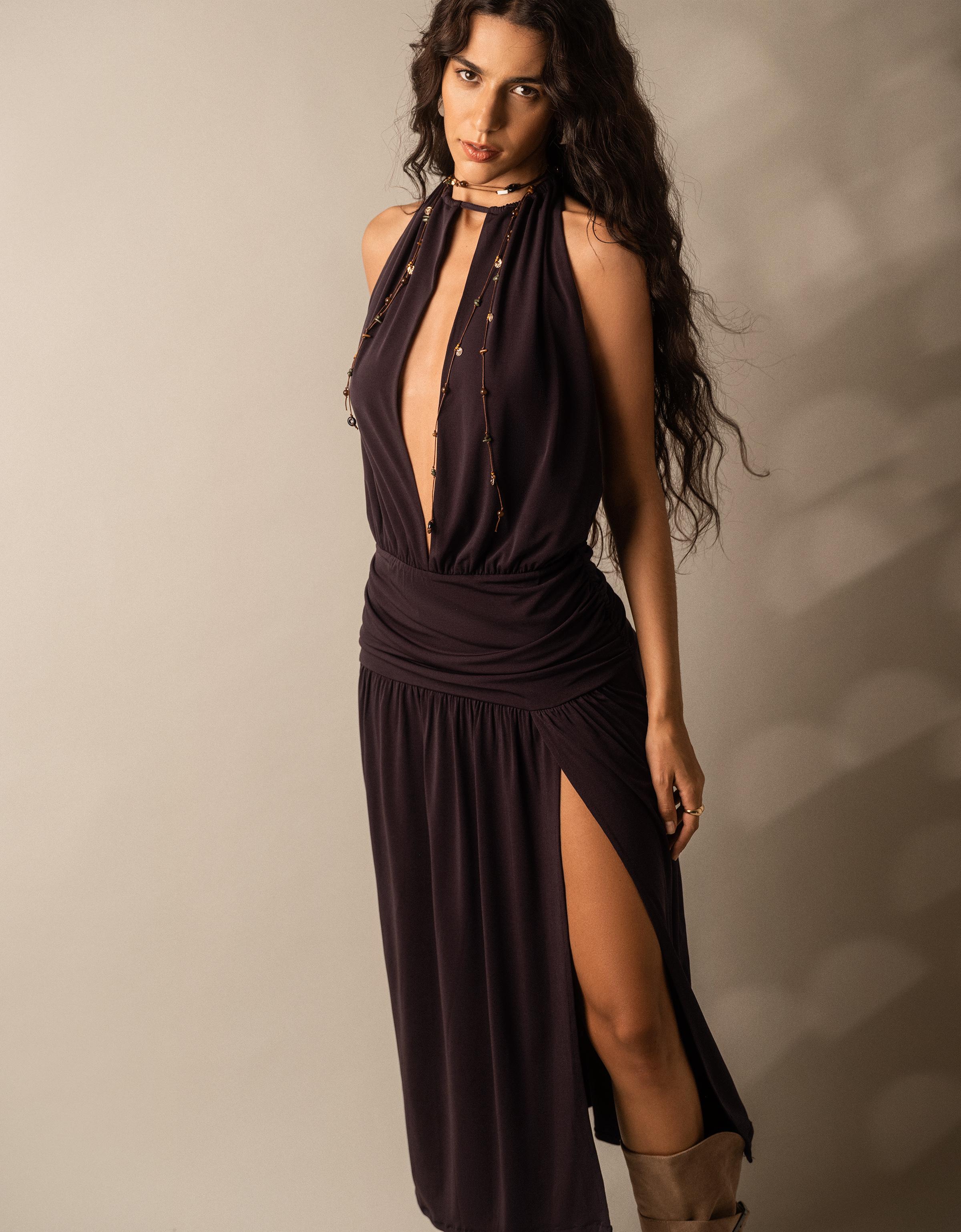 Vestido Midi Halter Mujer Xs Marrón