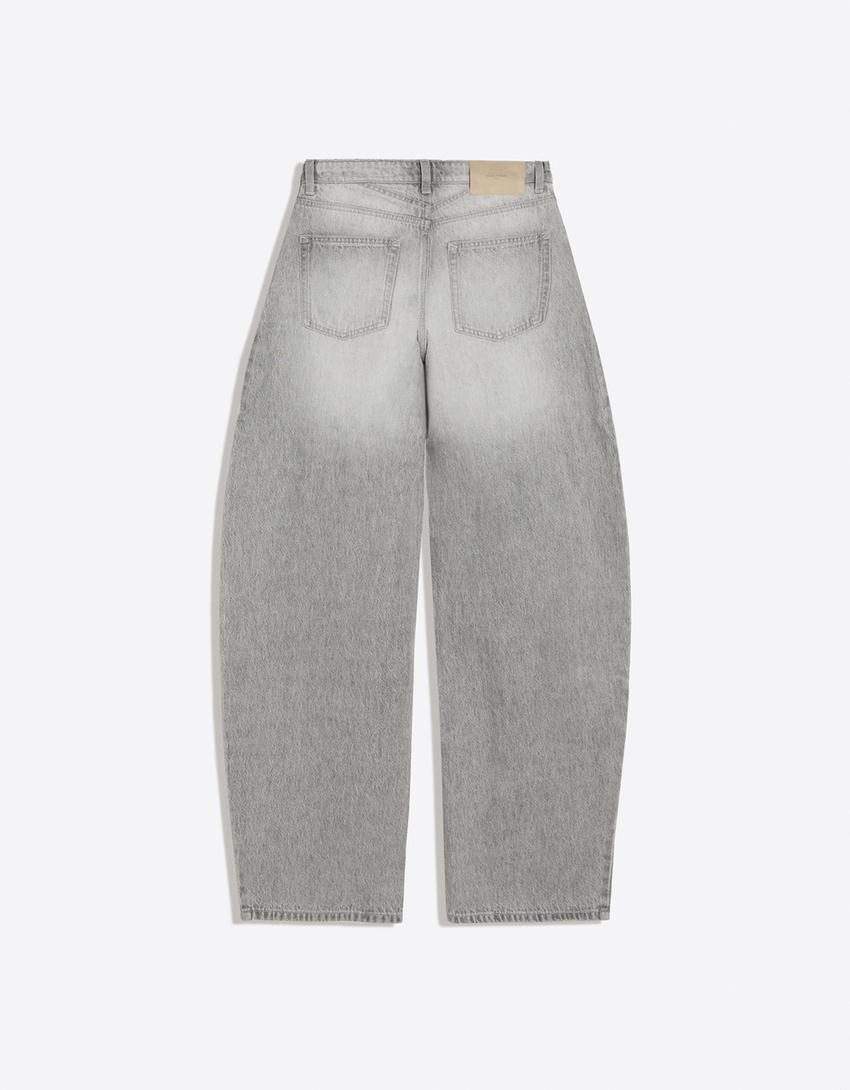 Jeans barrel tiro alto-Gris