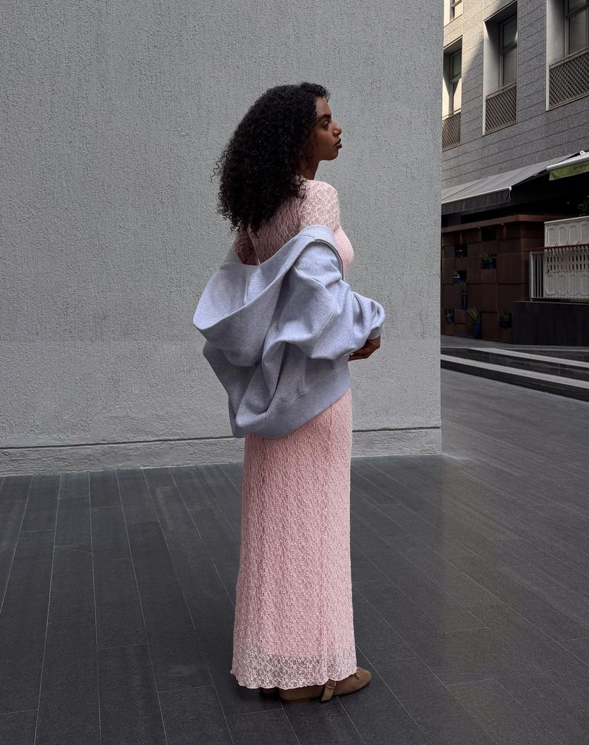 Gaun midi lengan panjang renda-Merah muda