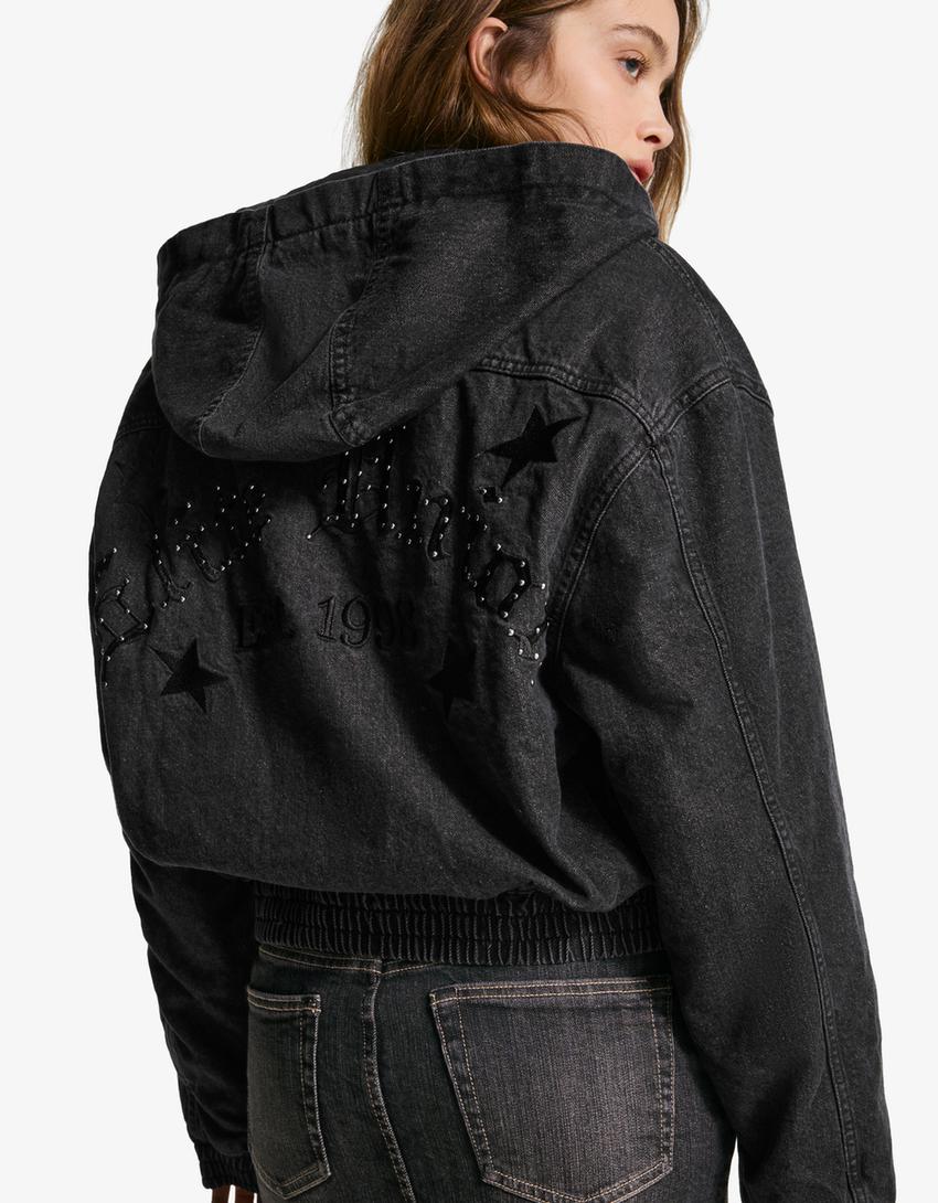 Studded denim bomber jacket with hood-Black
