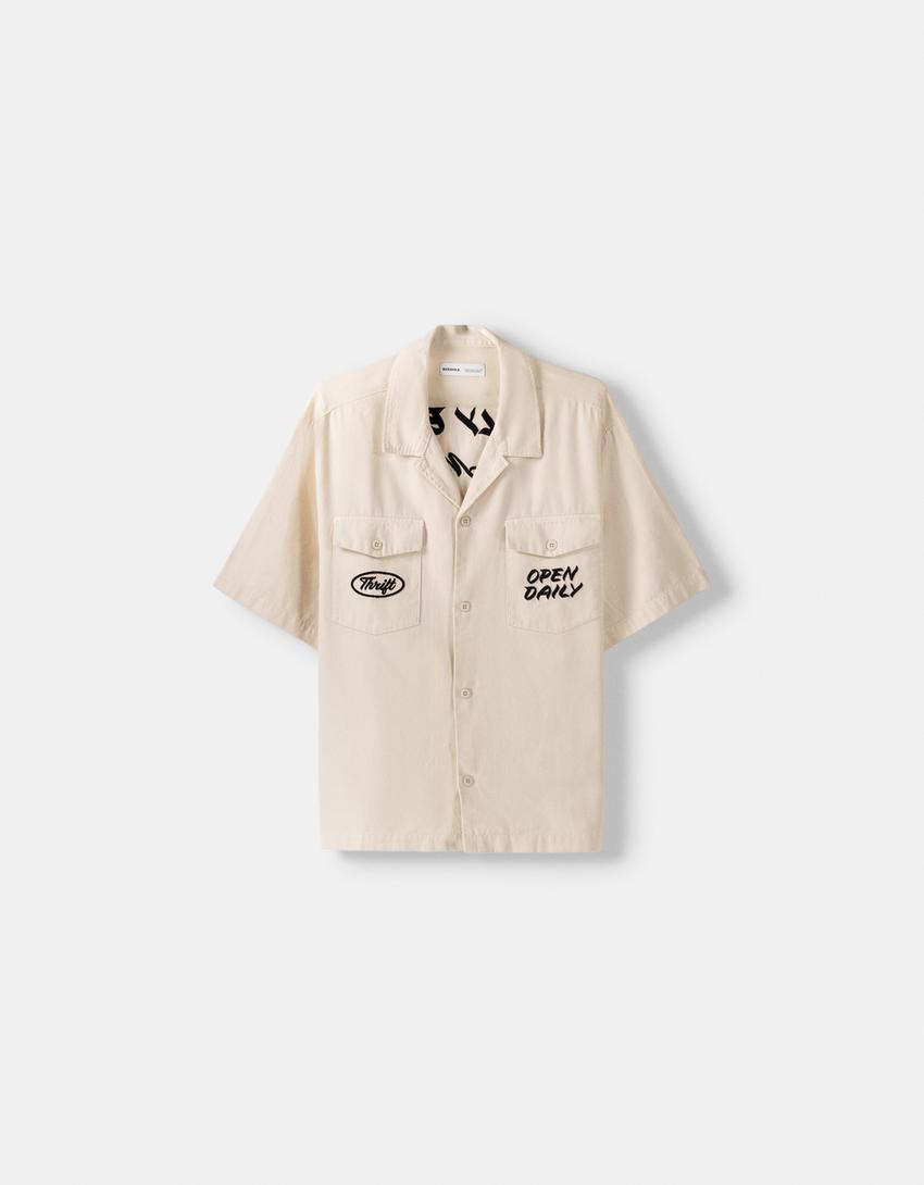 Chemise manches courtes boutons broderie-Sable-4