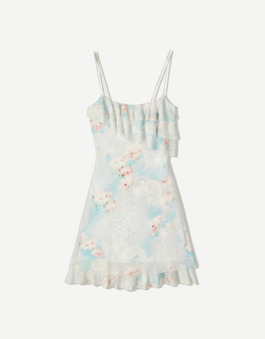 Printed ruffled tulle mini dress-Blue