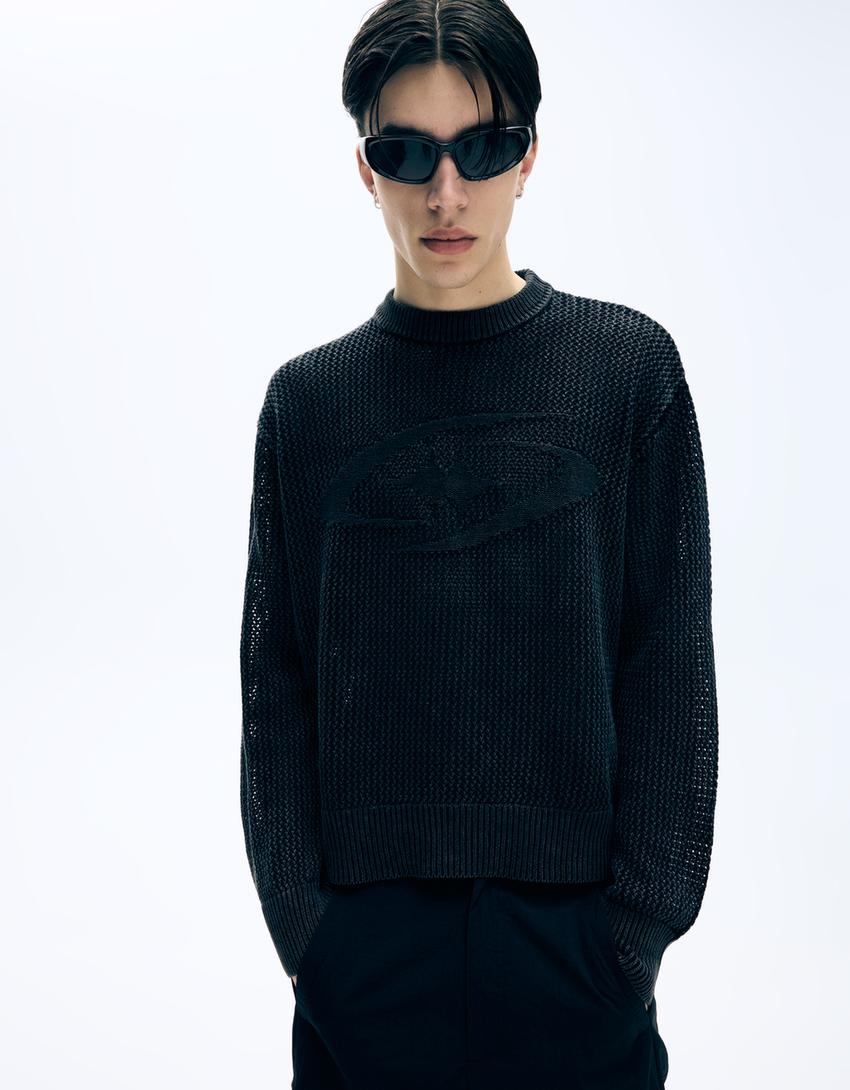 Mesh boxy sweater-Black-3