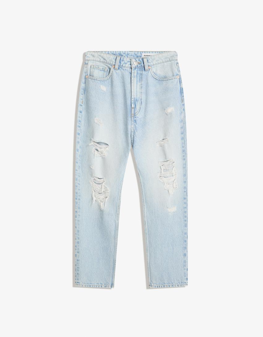 Blugi straight fit cropped rupți-Albastru deschis-3