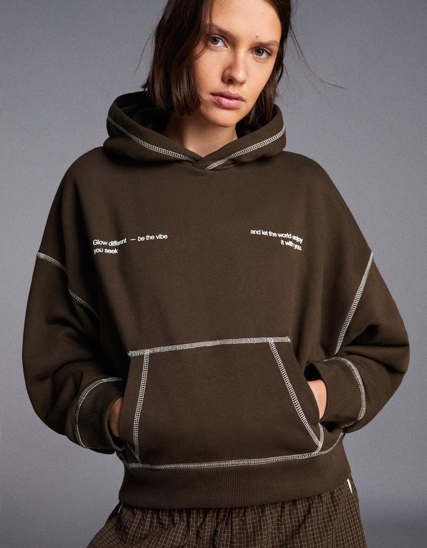 Baskılı kapüşonlu sweatshirt-Kahverengi
