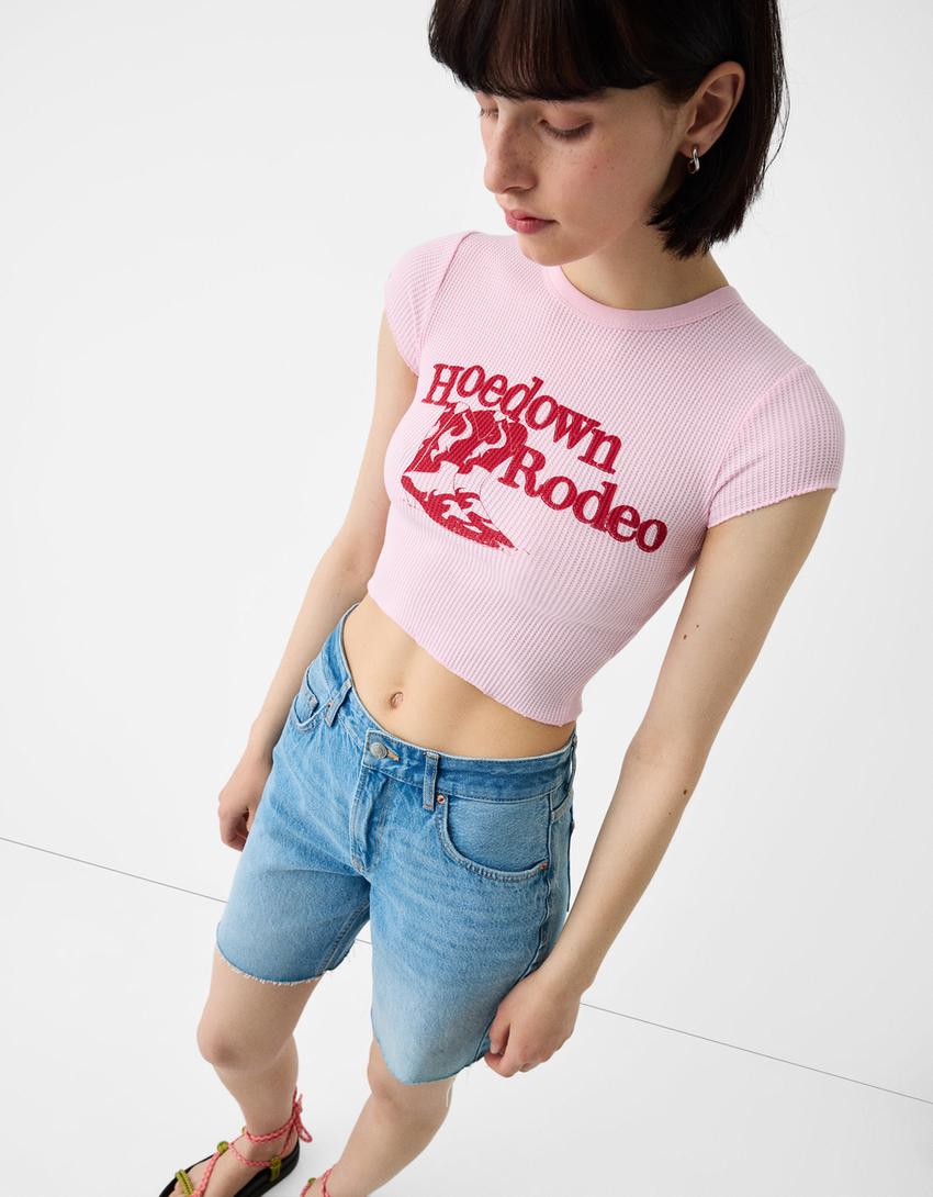 تيشرت بغرزة وافل وأكمام قصيرة وطبعة-زهري-5