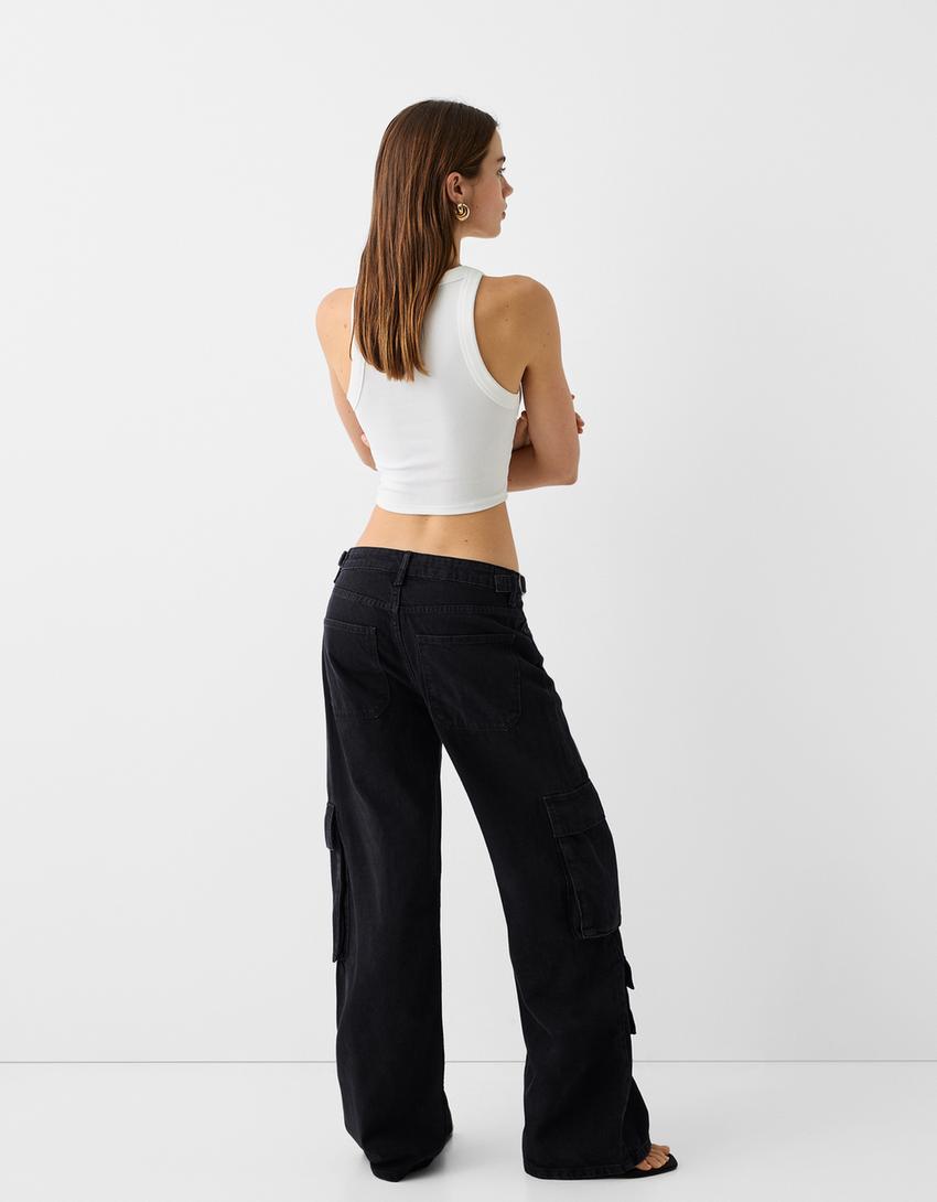 بنطال جينز كارغو متعدد الجيوب-أسود-2