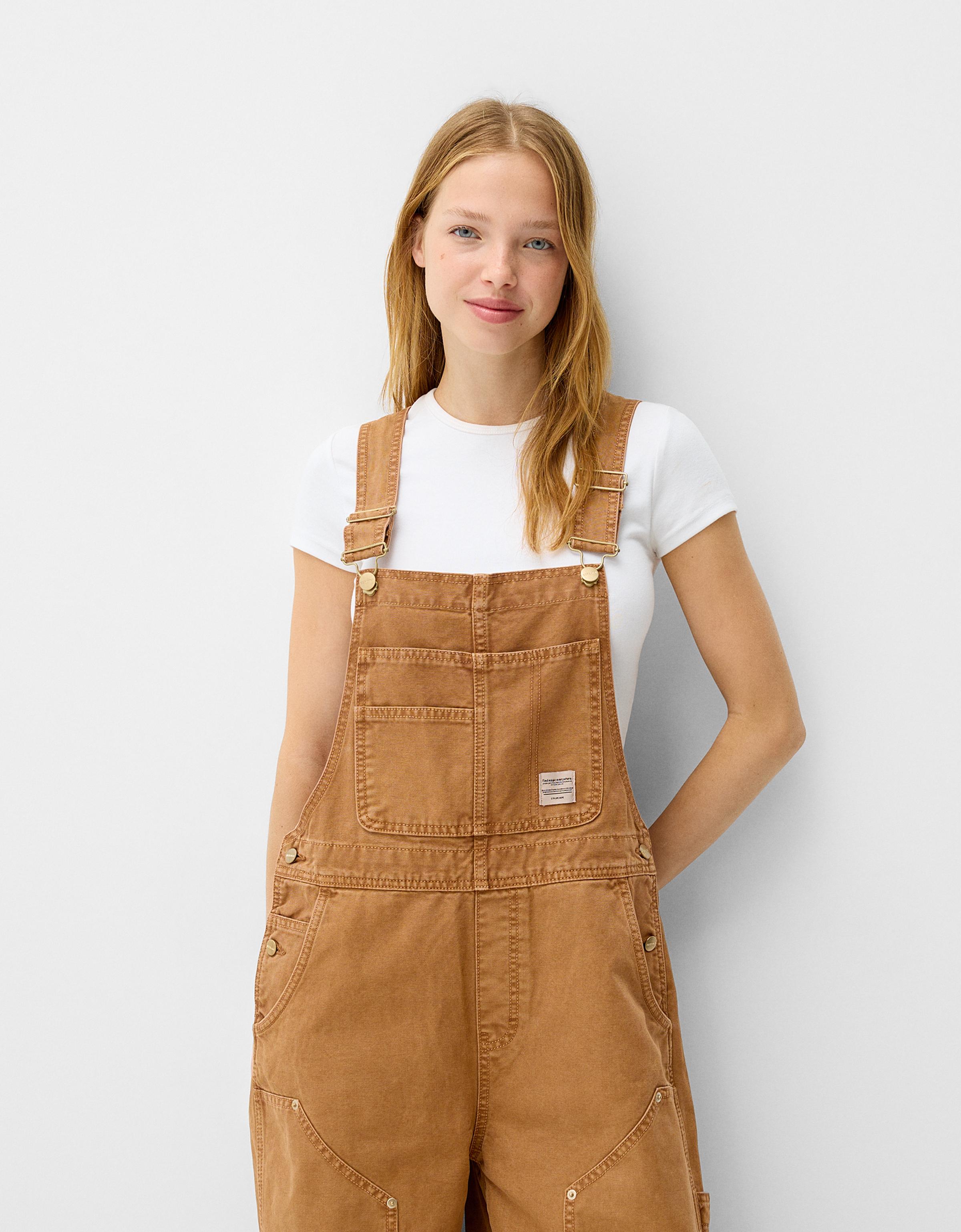 Bershka Workwear-Latzhose Damen L Camel