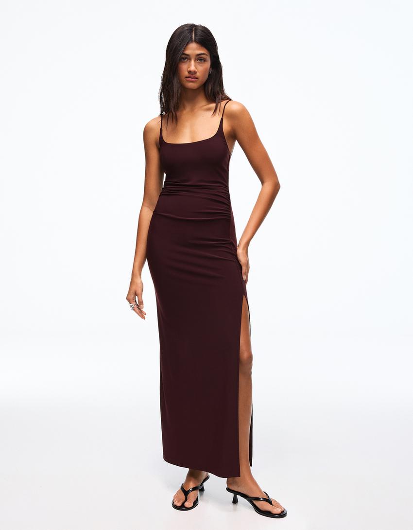 Vestido midi tirantes fruncido-Burdeos