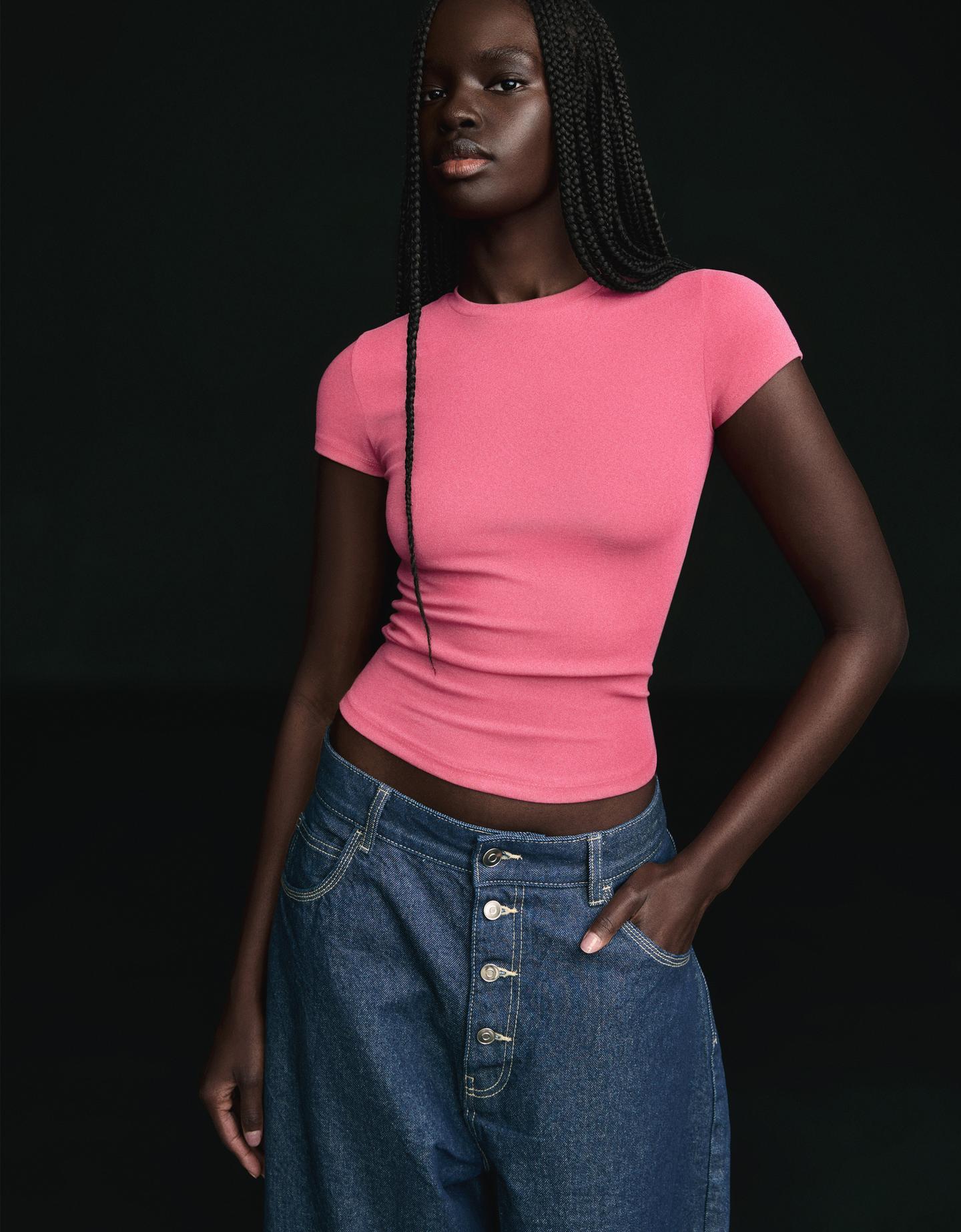 Bershka Maglietta A Maniche Corte Girocollo Donna L Rosa