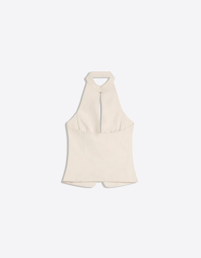 Gilet encolure américaine col officier-Sable