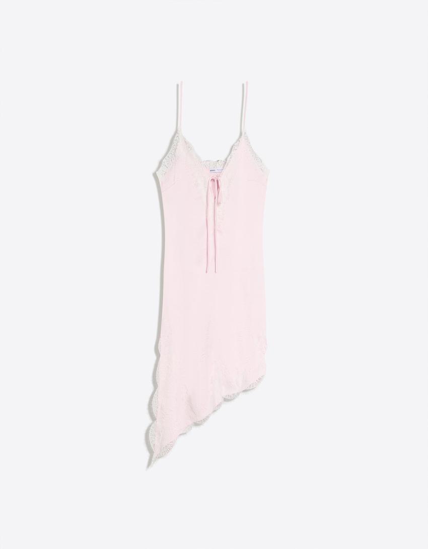 Vestido mini satén asimétrico-Rosa