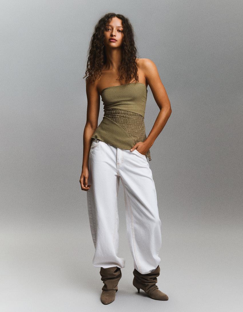 Asymmetric lace bandeau top-Khaki