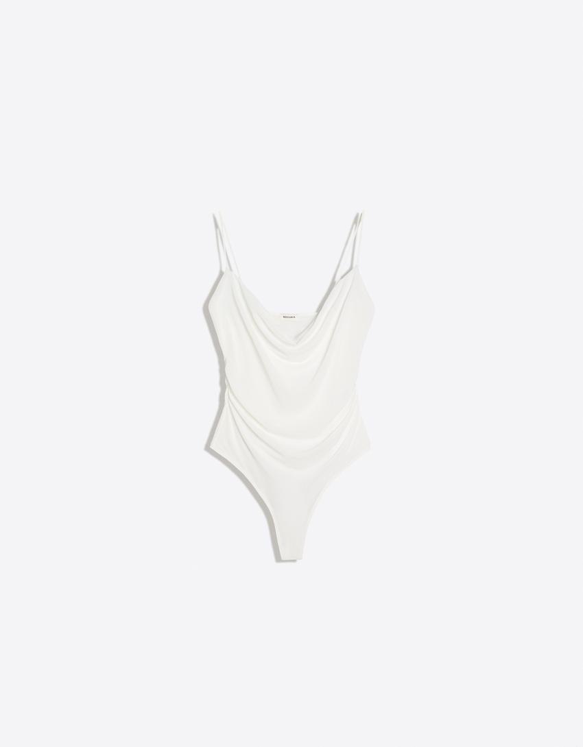 Strappy draped bodysuit-Cream