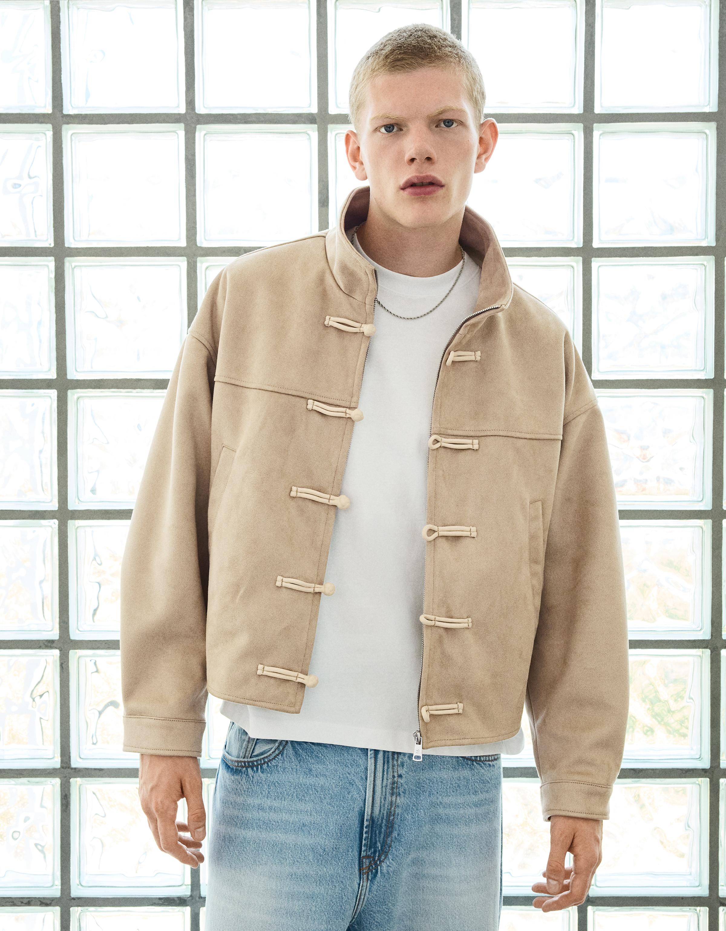 Bershka Cazadora Efecto Suede Alamares Hombre L Beige