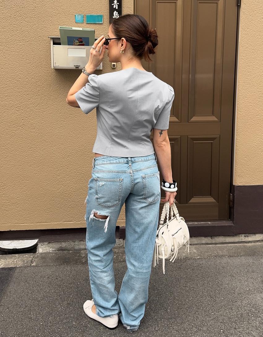 Ripped low-rise straight jeans-Light blue