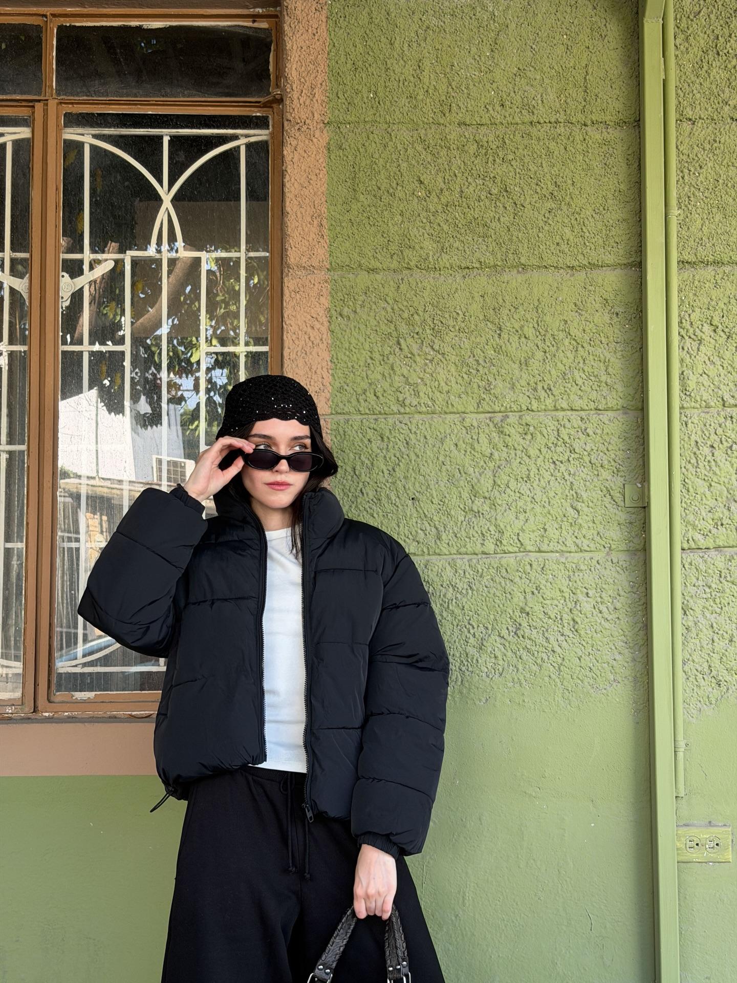 Padded funnel neck jacket — Black