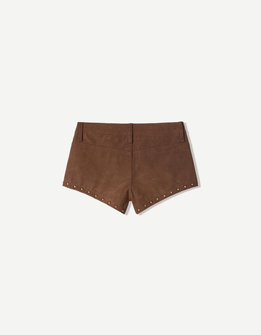 Studded faux suede shorts-Brown-4