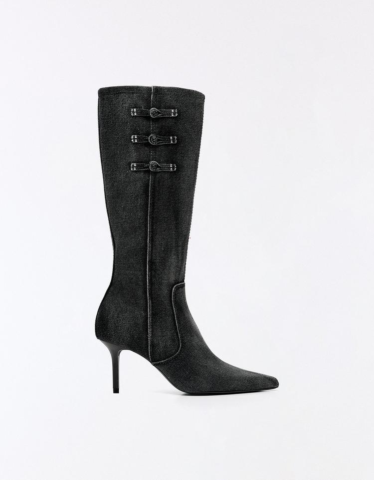 DENIM CLASP HEEL BOOTS — Grey