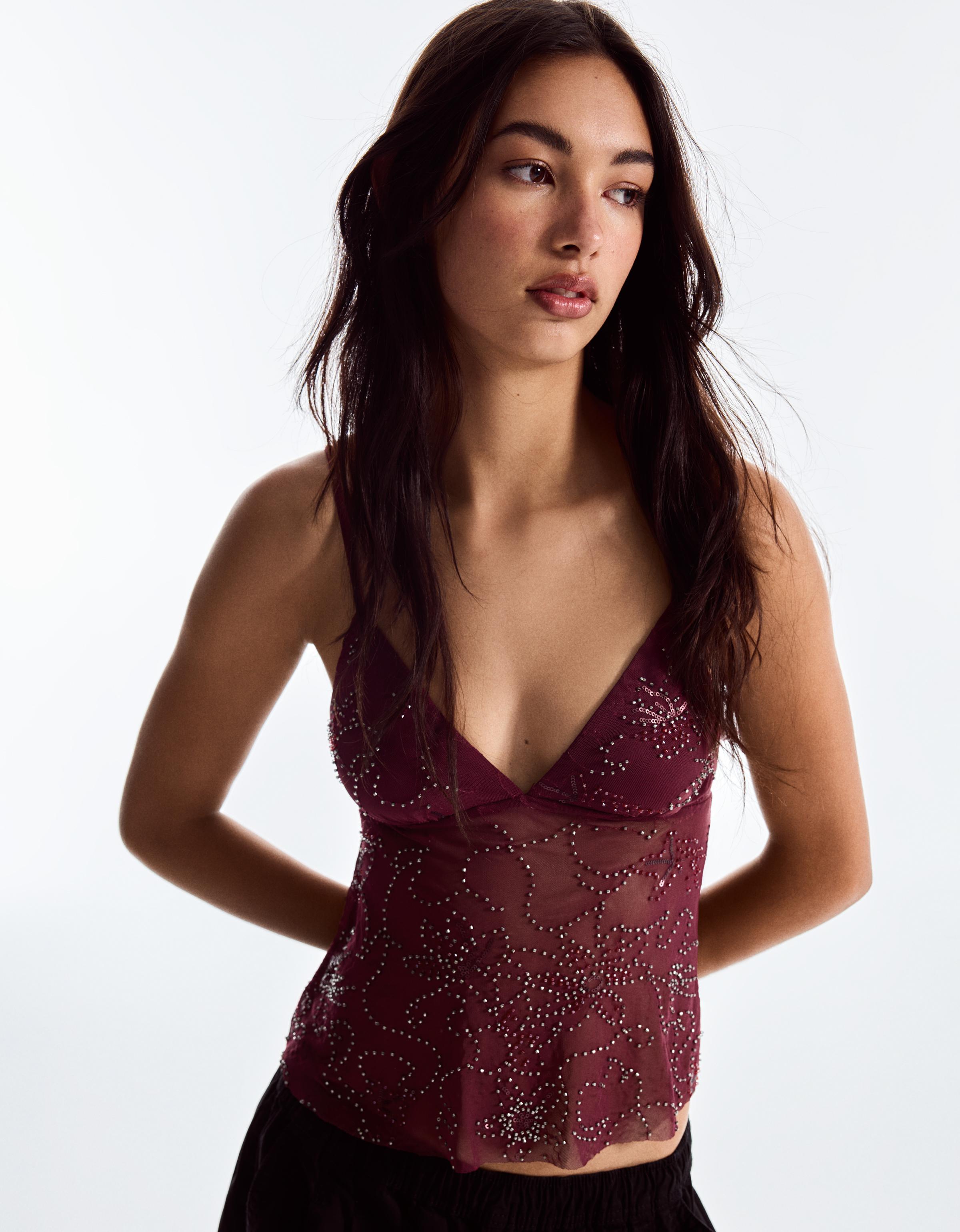 Rhinestone mesh strappy top — Burgundy