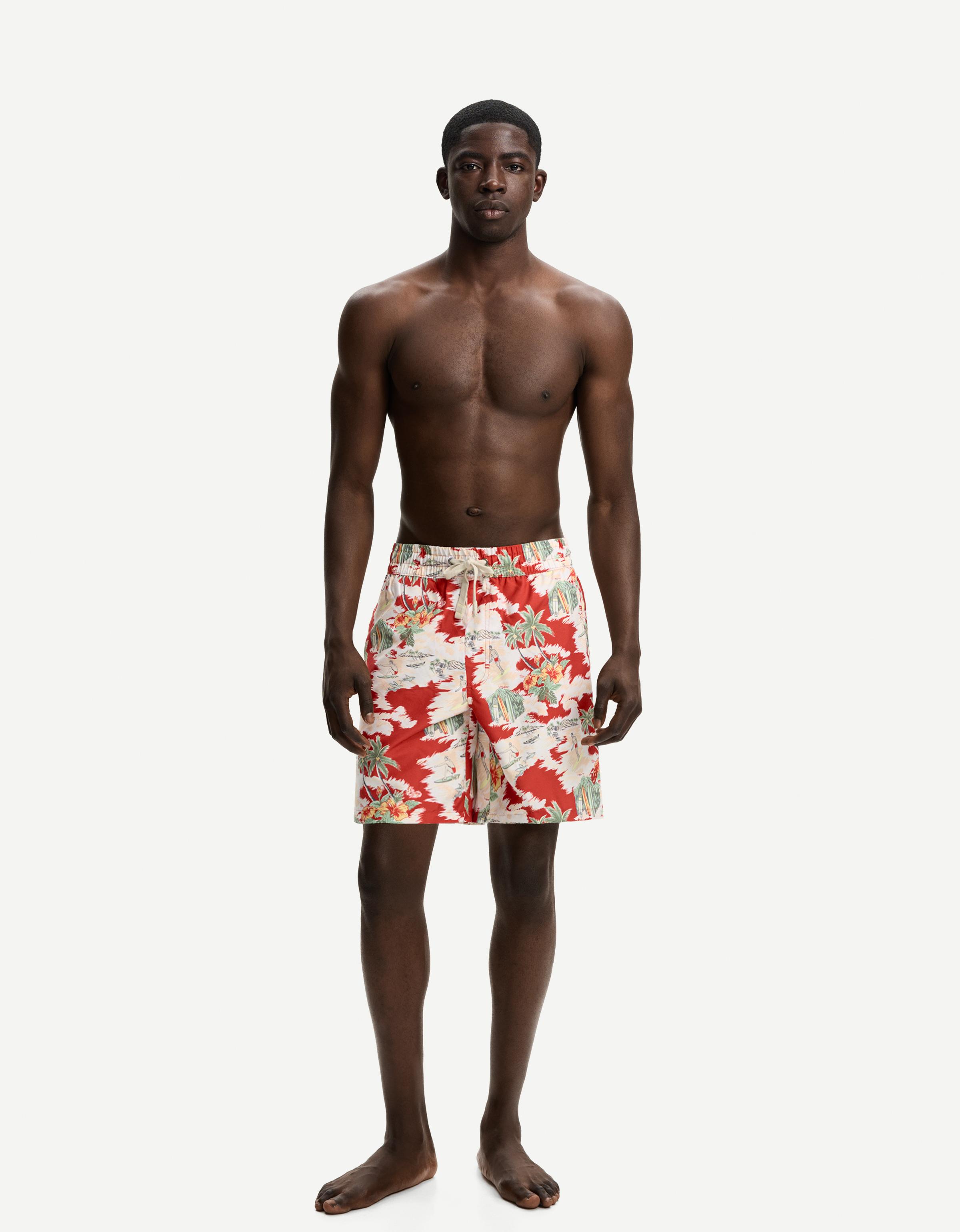 Bershka Lange Badehose Mit Tropischem Print Herren S Rot