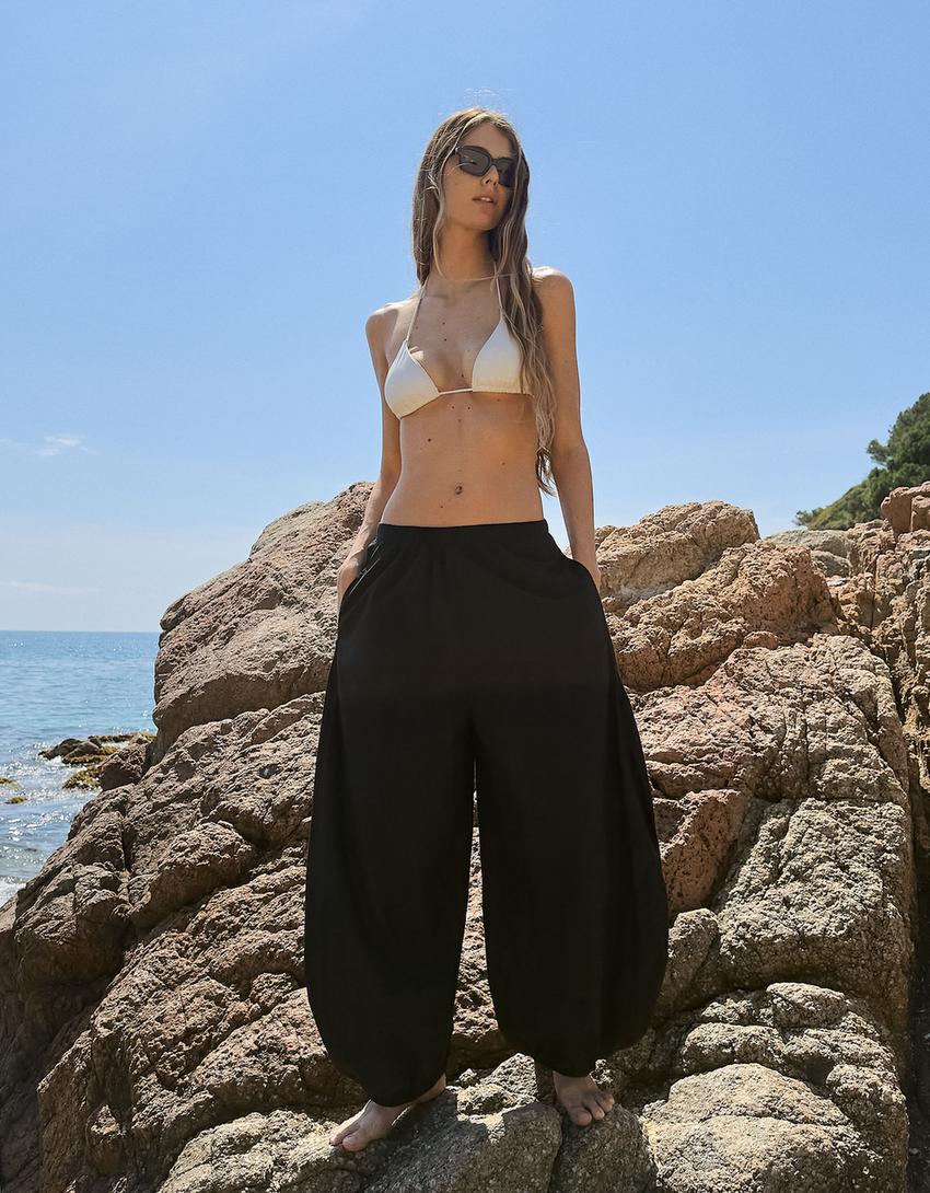 Sarouel broek met elastische tailleband-Zwart-2