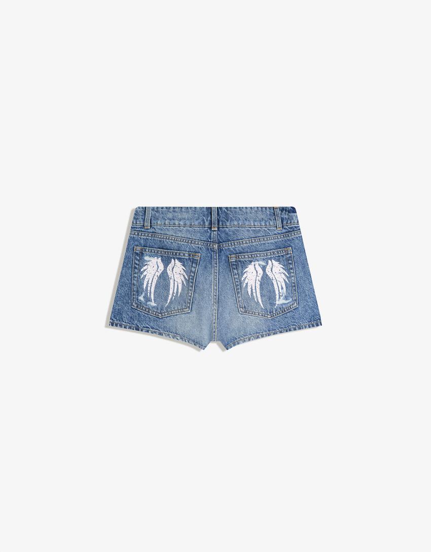 Printed denim shorts-Light blue