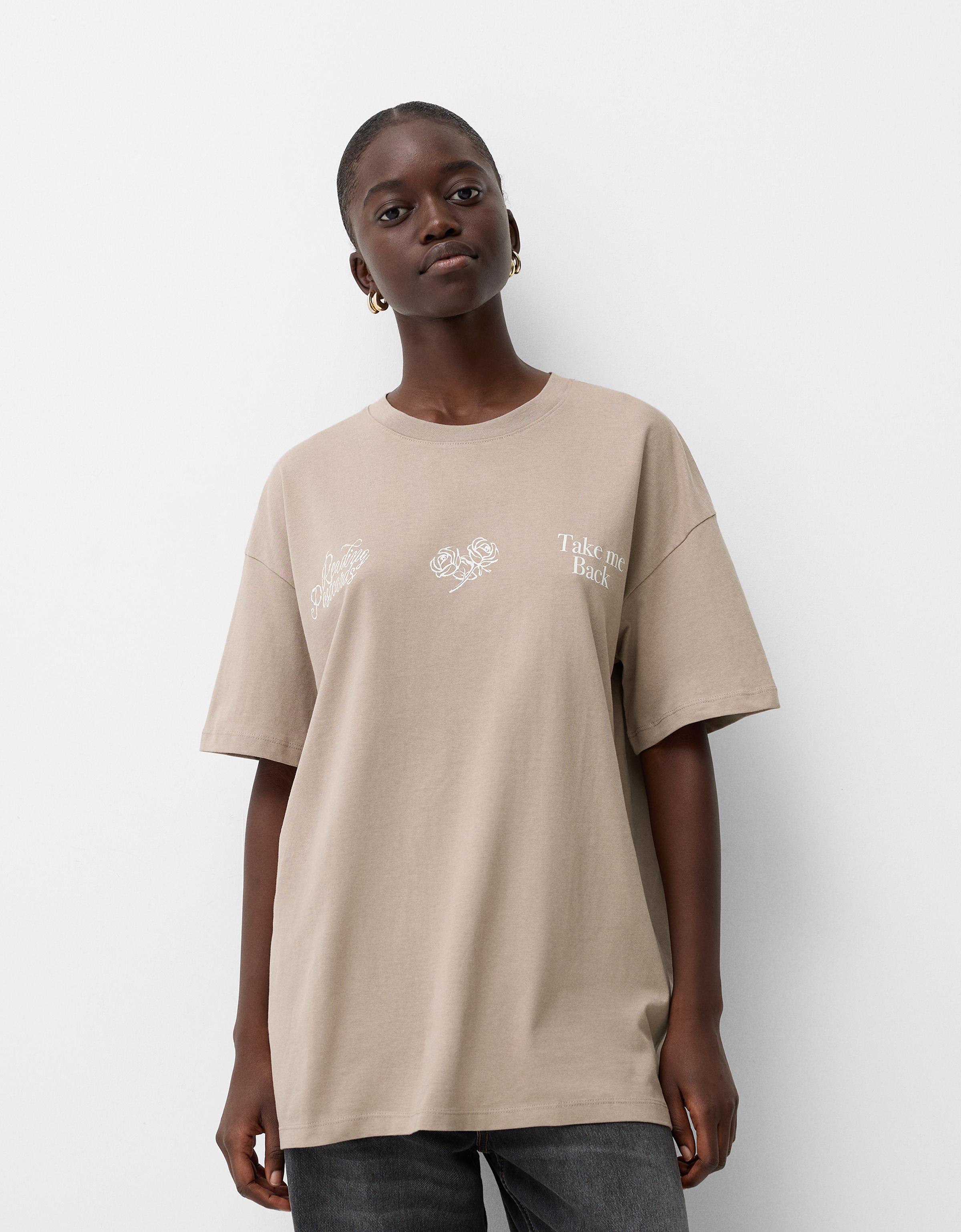 Bershka T-Shirt Mit Print Damen Xs Sandfarbe