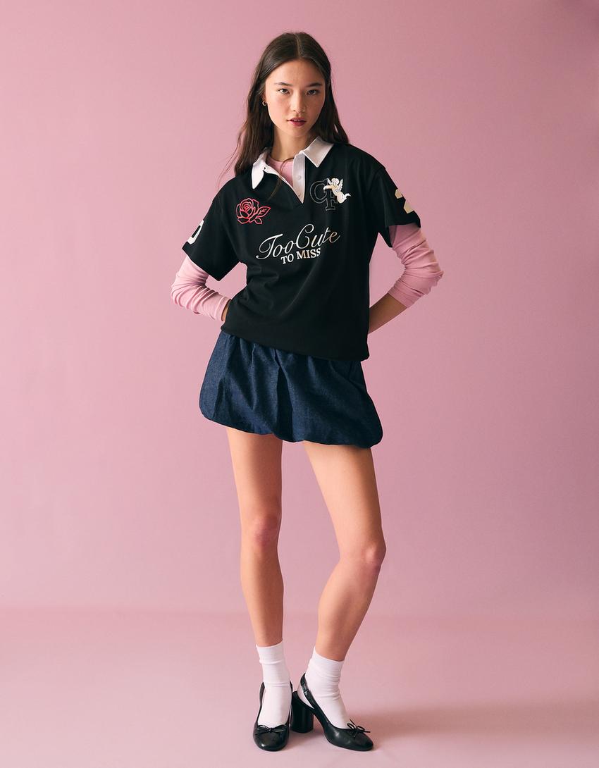 Camiseta cuello polo print strass-Negro