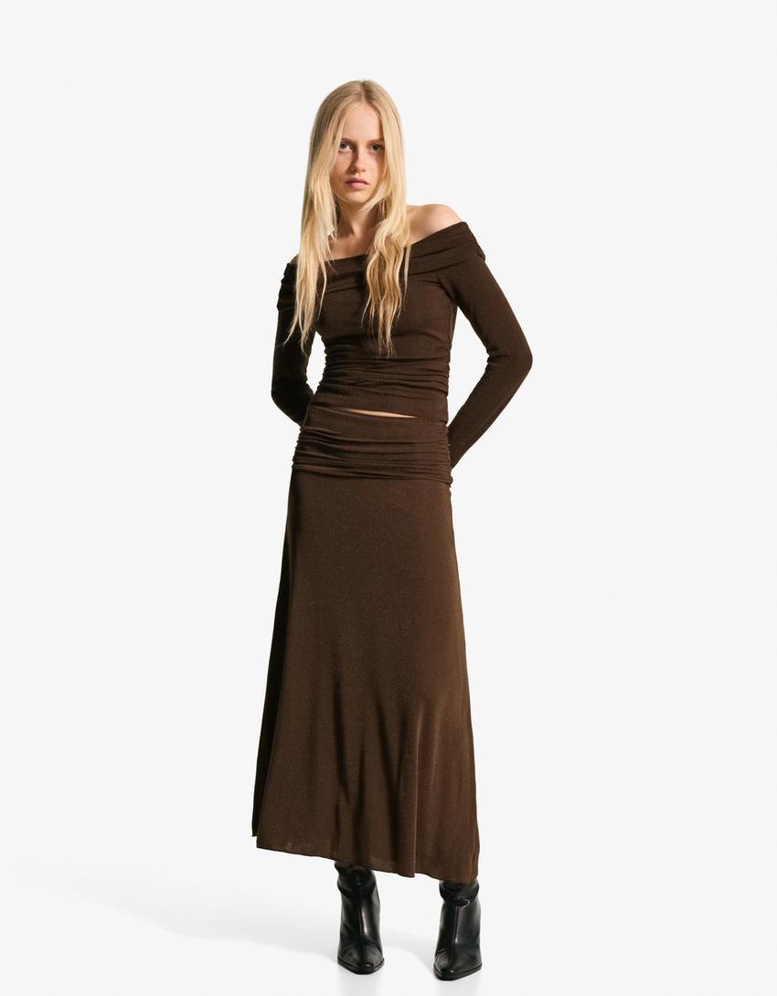 Textured shimmery midi skirt-Brown