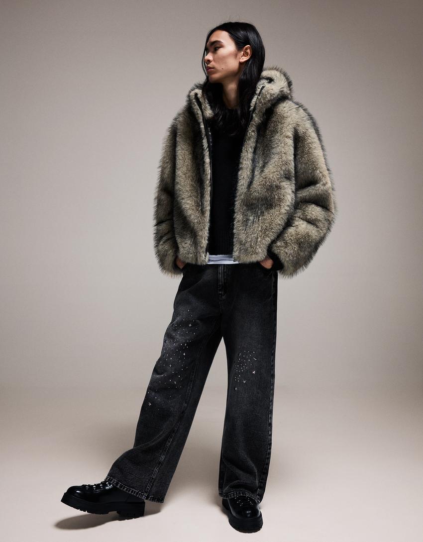 Blouson fausse fourrure capuche-Gris