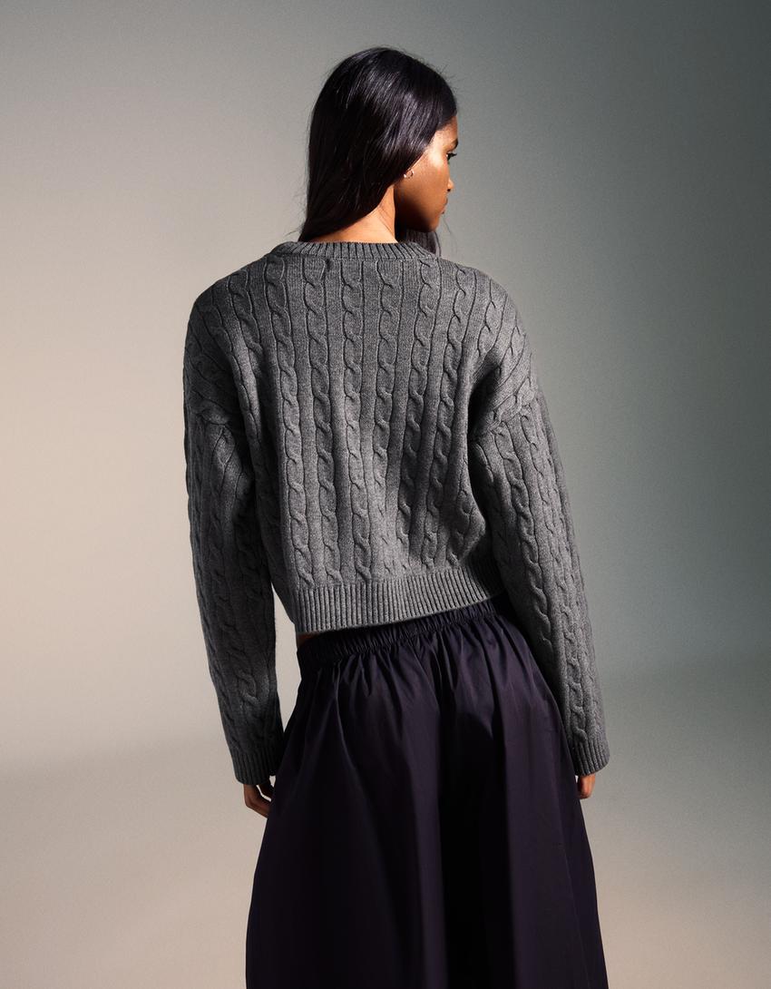 Embroidered cable-knit sweater-Dark grey