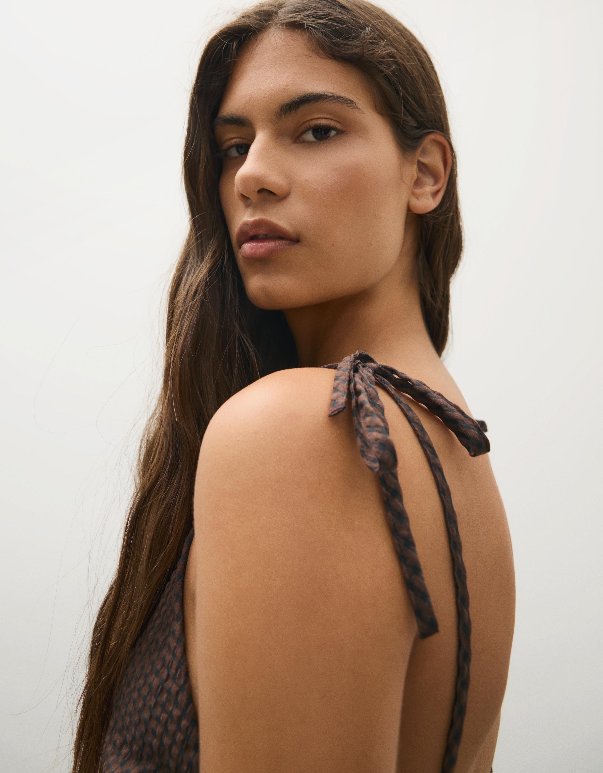 Smocked check strappy top — Brown