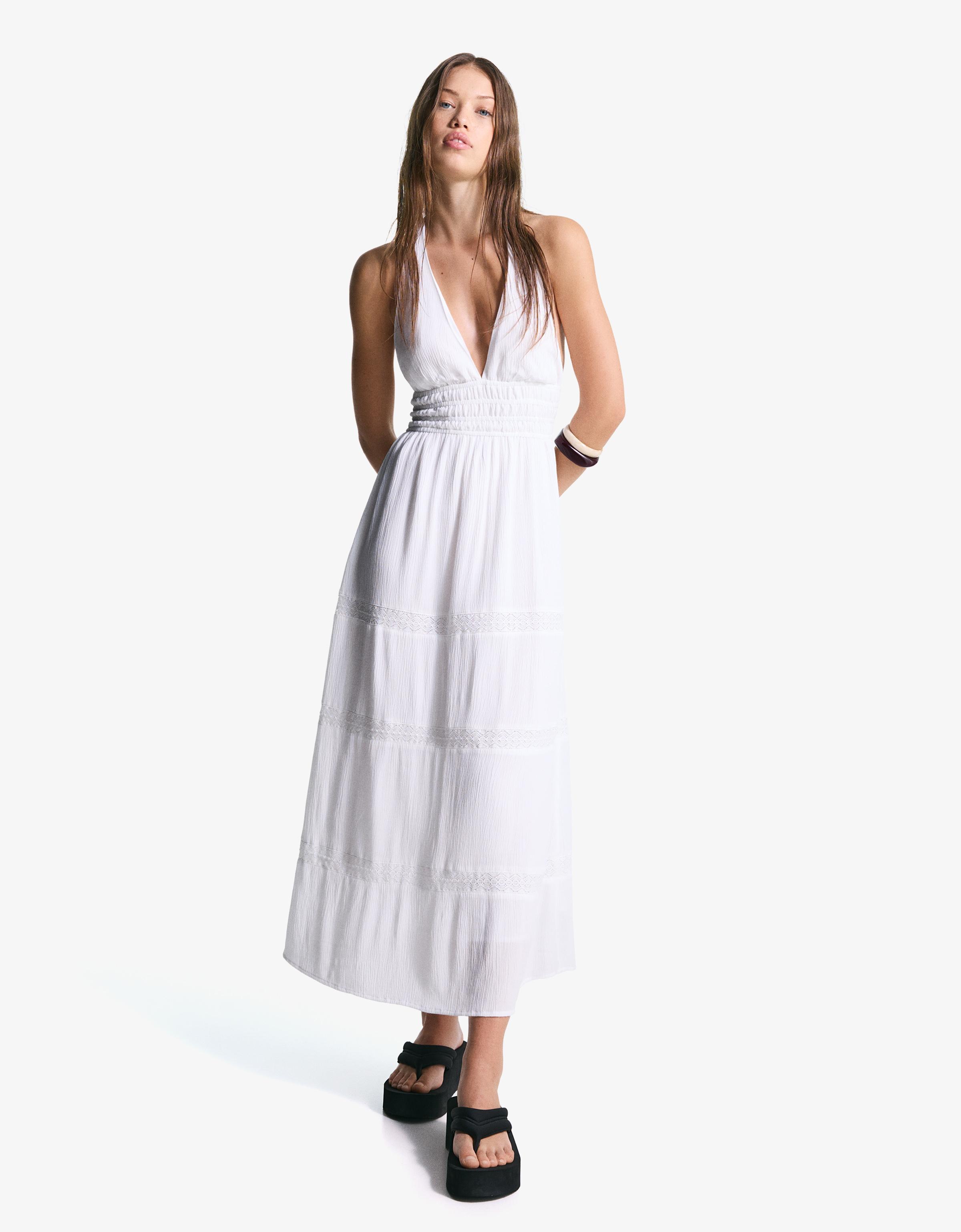 Bershka Neckholder-Kleid Mit Rüschen Damen Xs Weiss