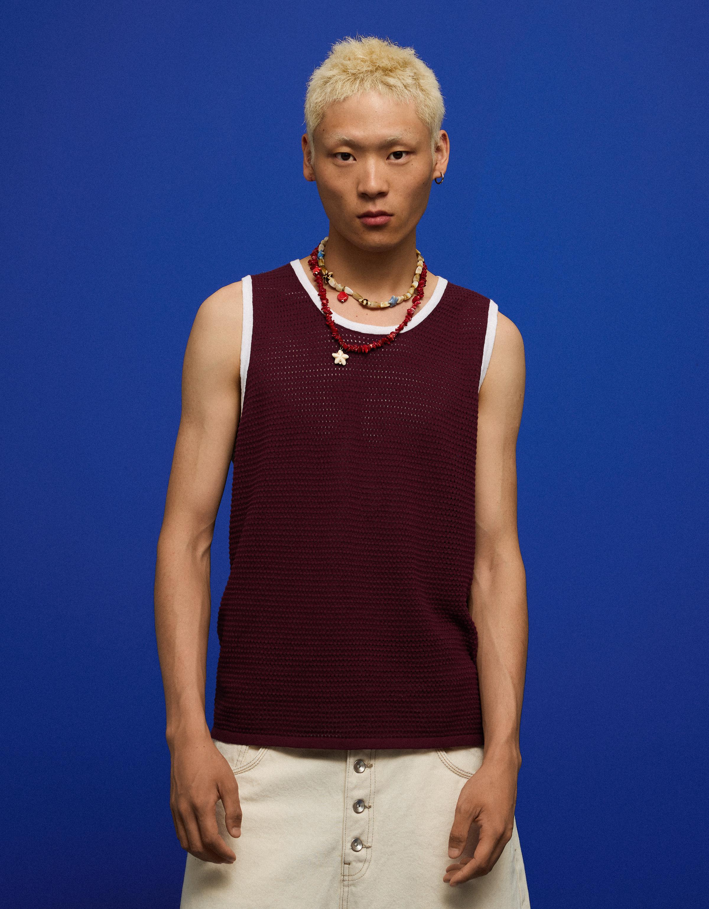 Bershka Camiseta Tirantes Mesh Contraste Hombre Granate