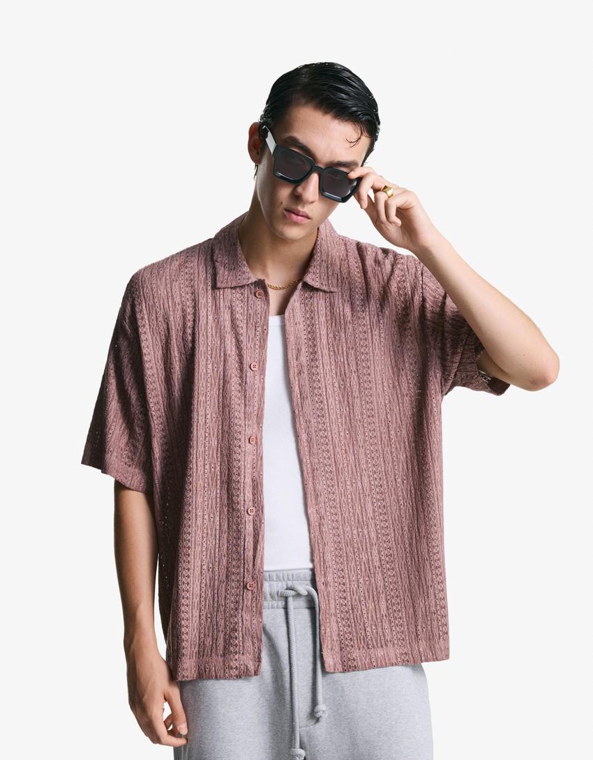 Chemise à manches courtes ajourée-Rose-0
