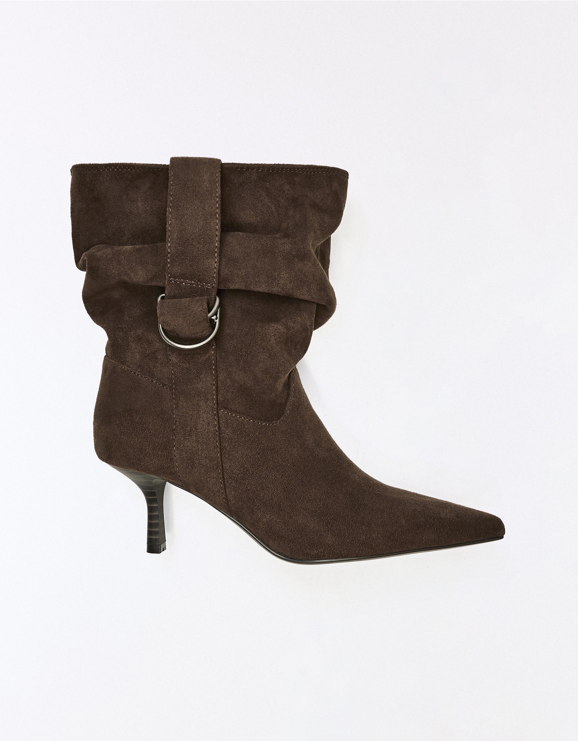 SLOUCHY BUCKLE HEEL ANKLE BOOTS — TAUPE