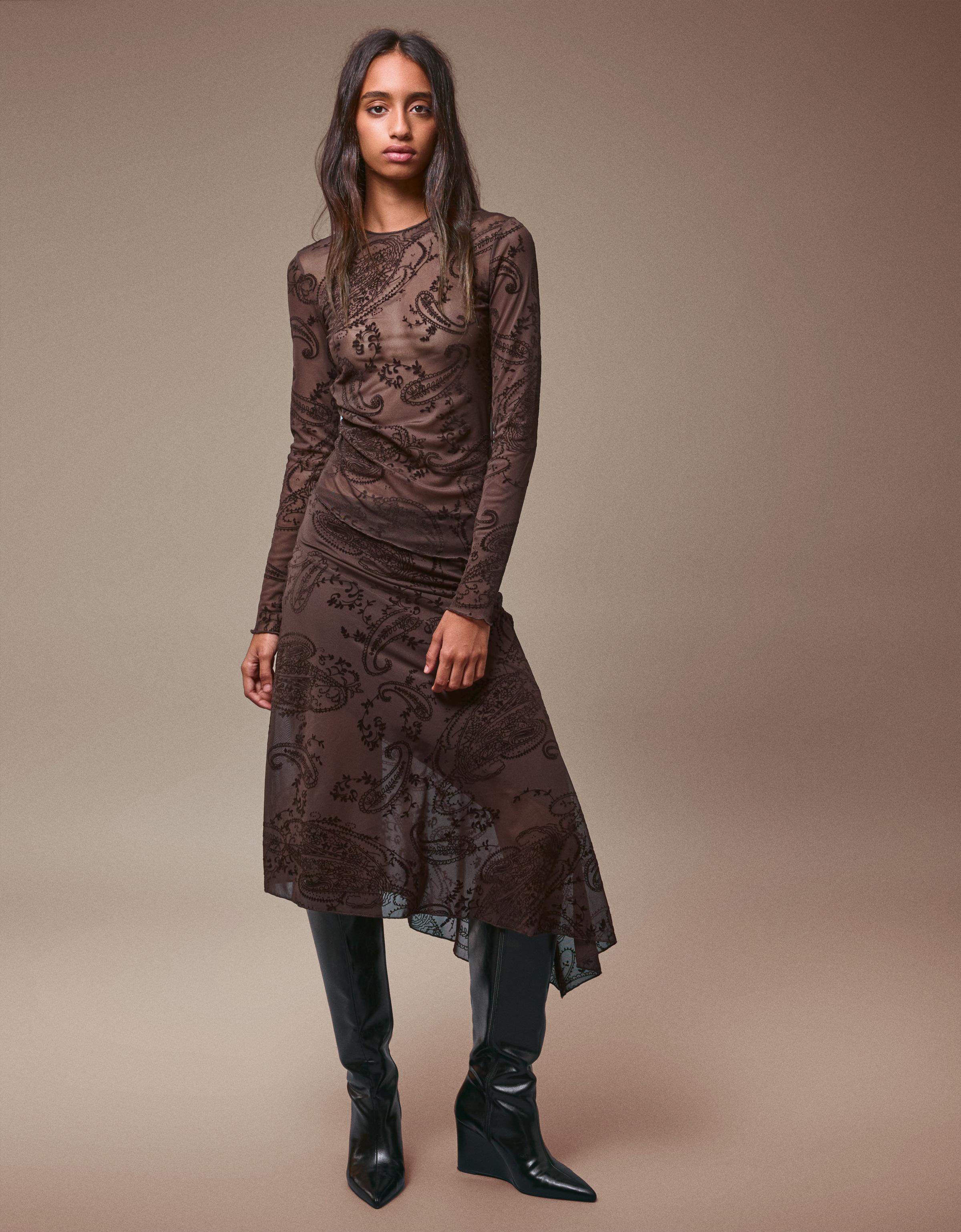 Bershka Midirock Mit Print Damen Xxs Braun