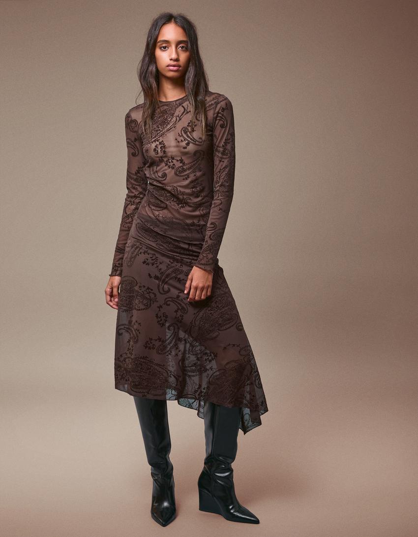 Falda midi print-Marrón