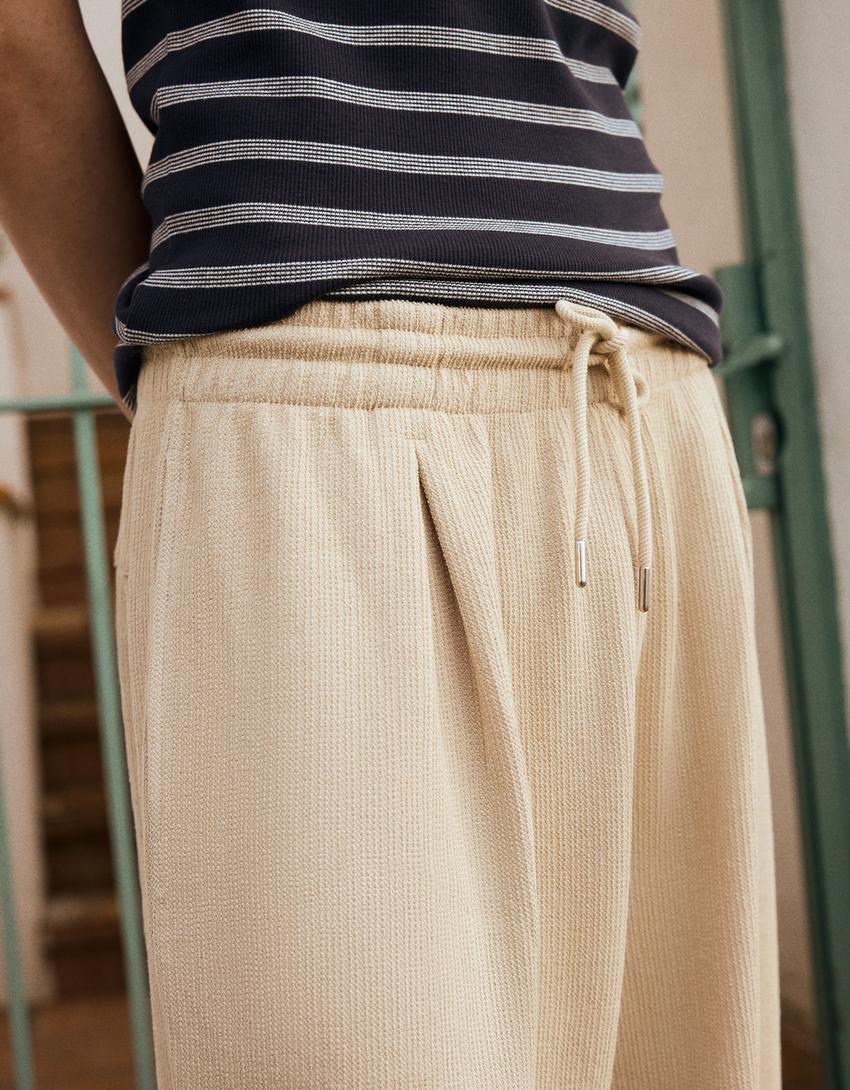 Textured plush Bermuda shorts-Camel