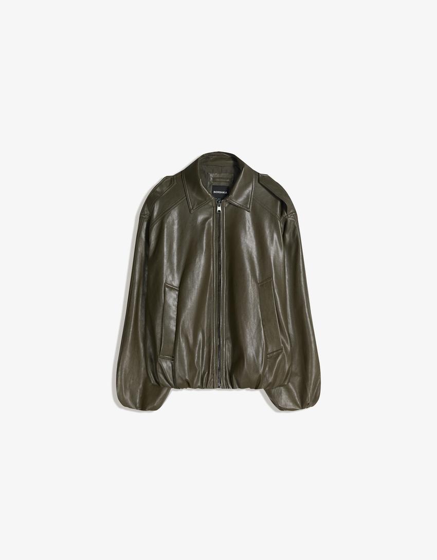 Leather effect balloon jacket-Khaki