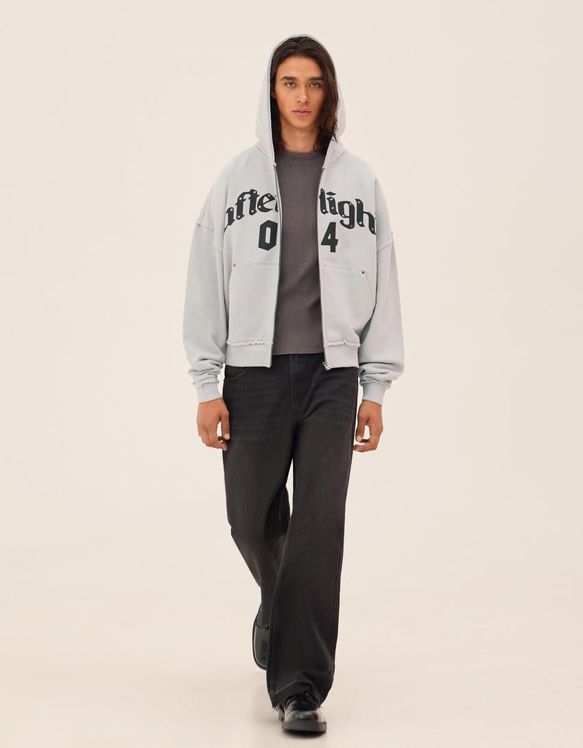 Boxy zip-up print sweatshirt-Grey